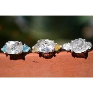 Raw stone ring Montana sapphire, herkimer diamond, aquamarine, emerald